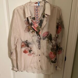 Johnny Was Floral Button Down Shirt - Cream and Pink